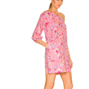 Something Navy Pink Floral Mini Dress LARGE One Shoulder Linen Shift Party $165